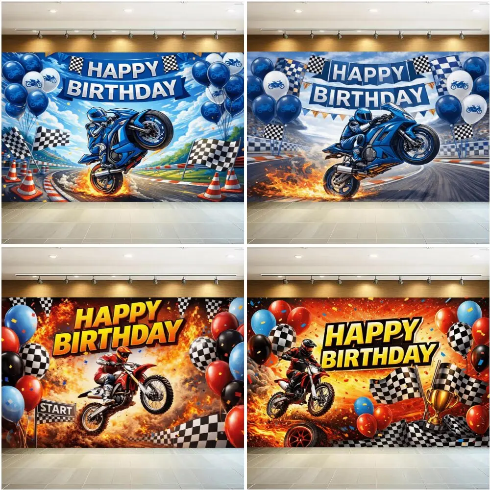 Motorbike Racing Boys Birthday Background Blue Red Motorcycle Race Track Checkered Flag Balloon Photo Backdrop Party Supplies