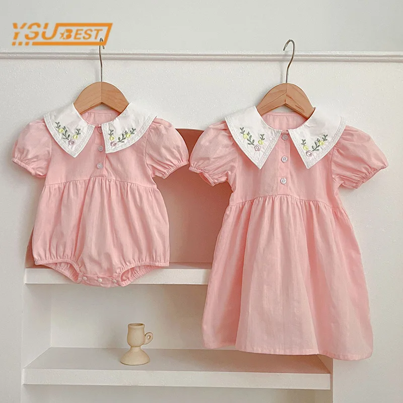 Summer New Kids Baby Girls Short Sleeve Sisters Embroider Dress Infant Rompers Kids Baby Girls Sweet Princess Clothes Rompers