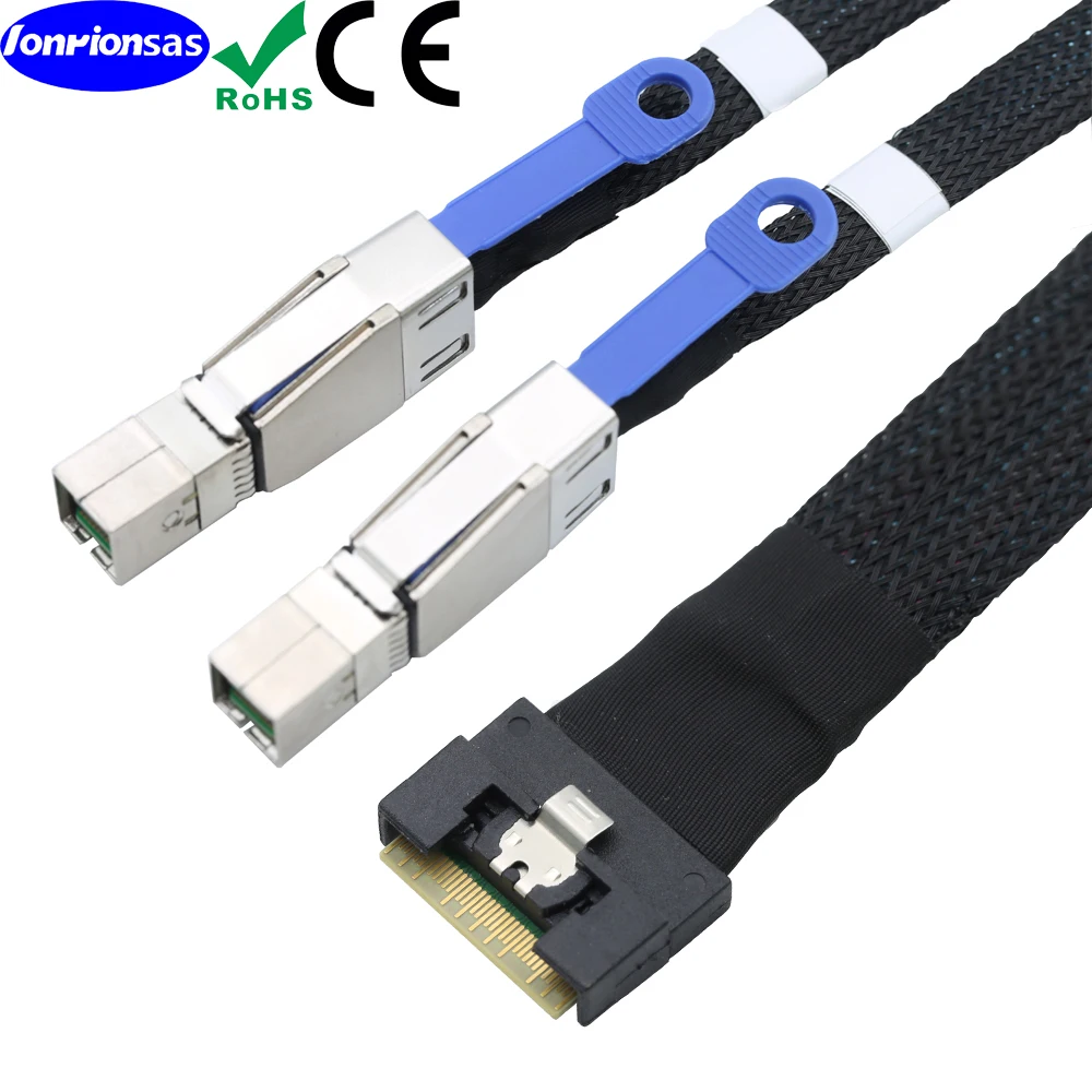 PCIe 4.0 Slimline SAS Cable Anti Misplug Design SFF-8654 8i 74Pin to Dual HD SFF-8644 4i High Speed Server Storage Switch Wire