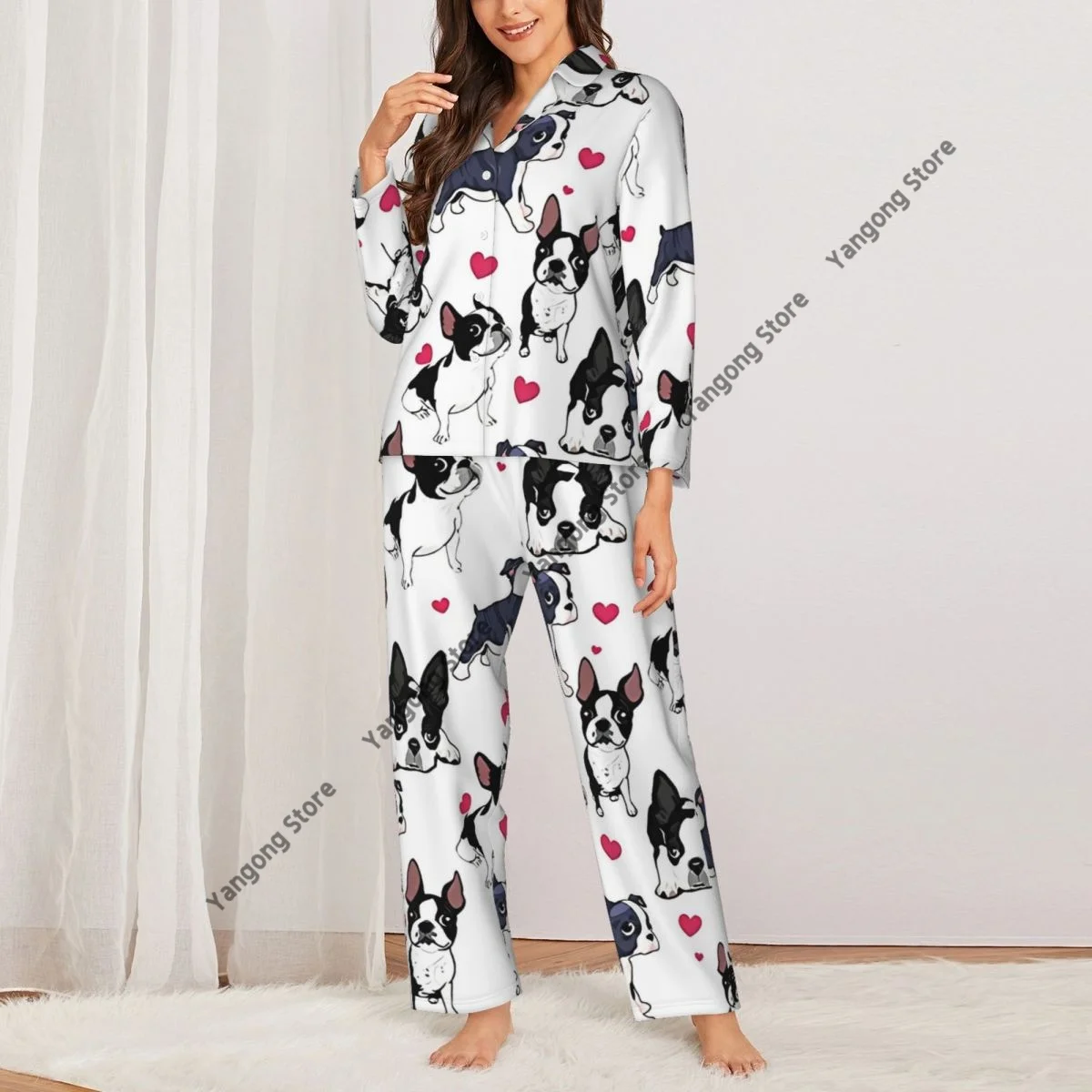 Women Sleepwear Pajamas Boston Terrier Red Heart Cute Dog Long Sleeve Pijama Female Set Negligee Cardigan Suit