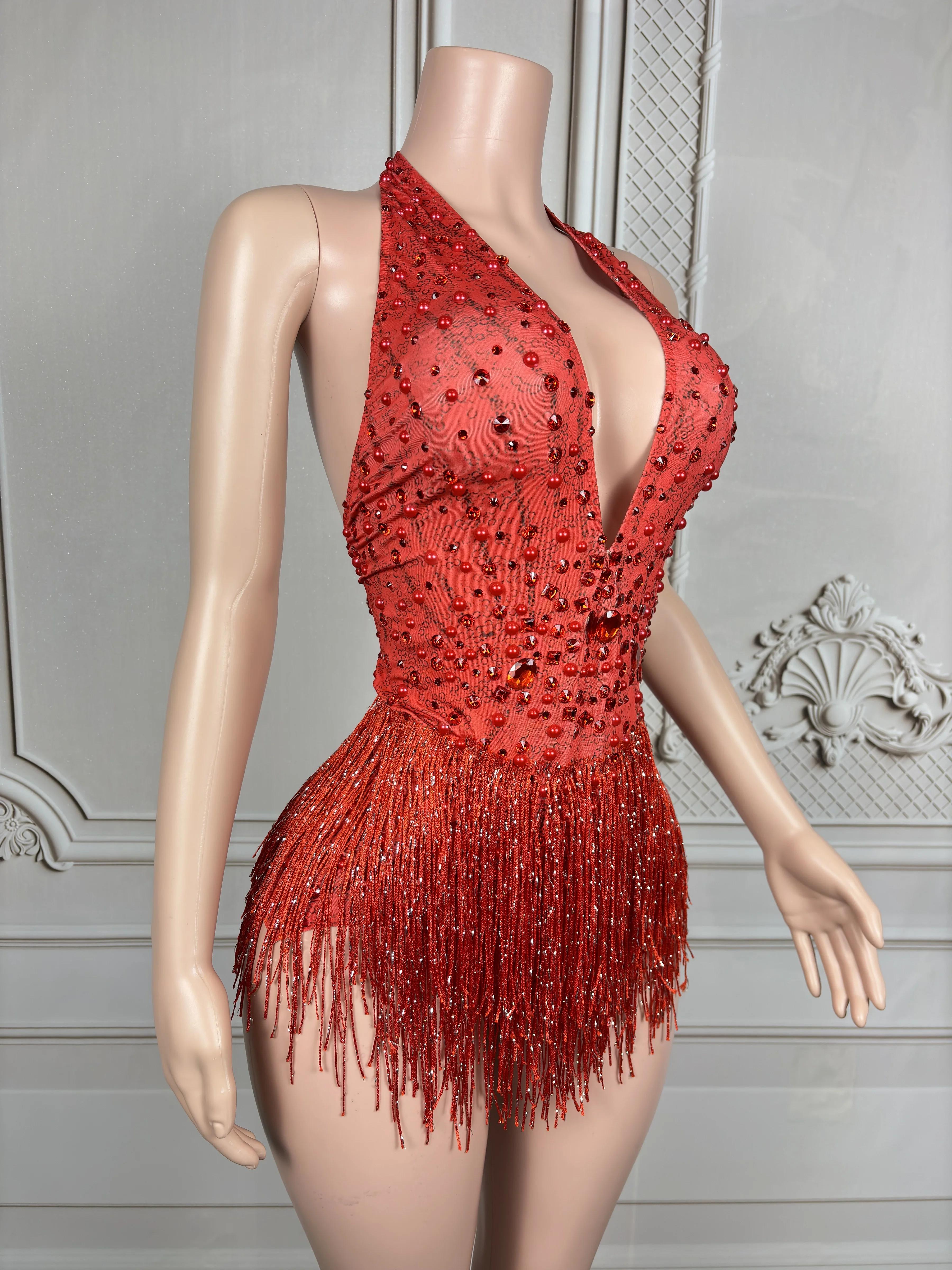 Sparkly Red Rhinestones Pearls Fringes Bodysuit Women Sexy Deep V Neck Dance Costume Dancer Performance Stage Wear Club Outfit