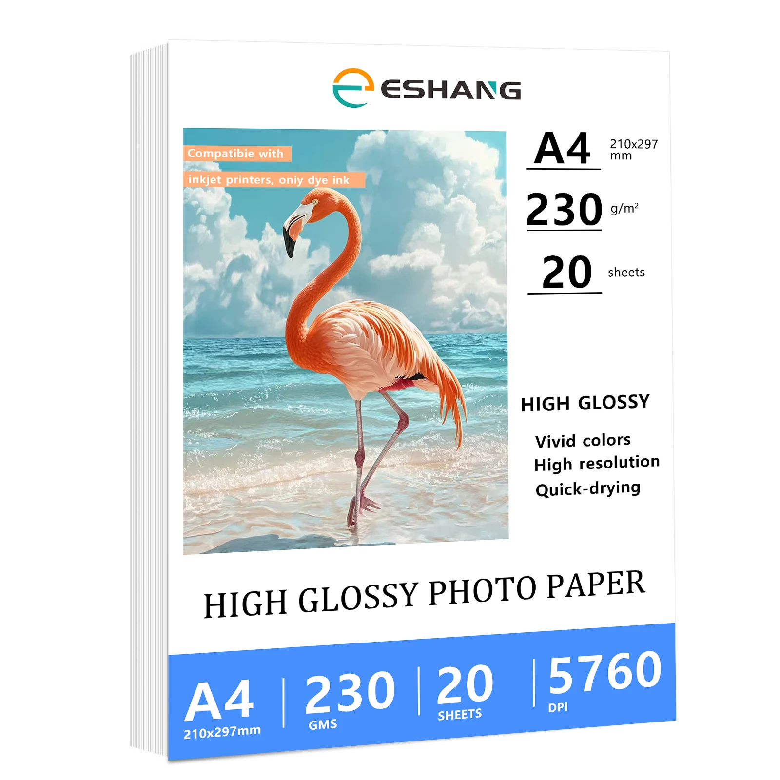 20 Sheets 230Gsm 62Ib A4 Size（8.3x11.7 Inches ） High Glossy Photo Paper For Inkjet Printer