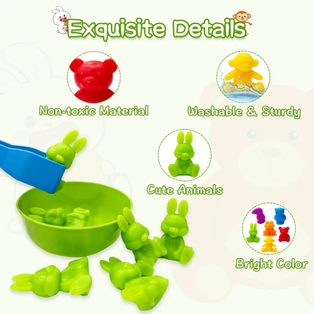 36PCS Colorful Animal Toy Set for Toddlers - Early Learning Educational Toys with Bowls & Tongs, Safe Plastic