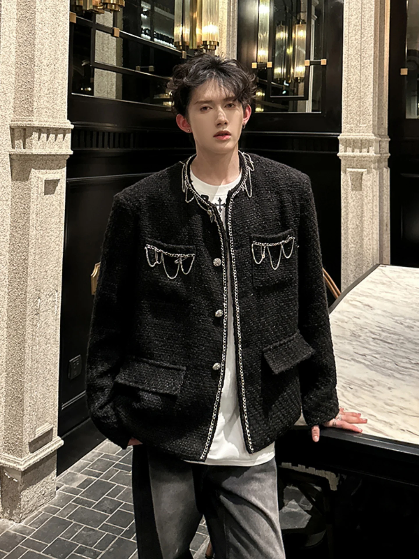 

Metal Decorated Men's Jaet oulder Padded Faion Ele Briti Sle Autumn Outerwear Long Sve Youth Light Luxury