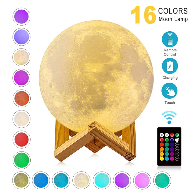 LED Night Light 3D Print Moon Lamp Rechargeable Color Change 3D Light Touch Moon Lamp Children's Lights Night Lamp for Home