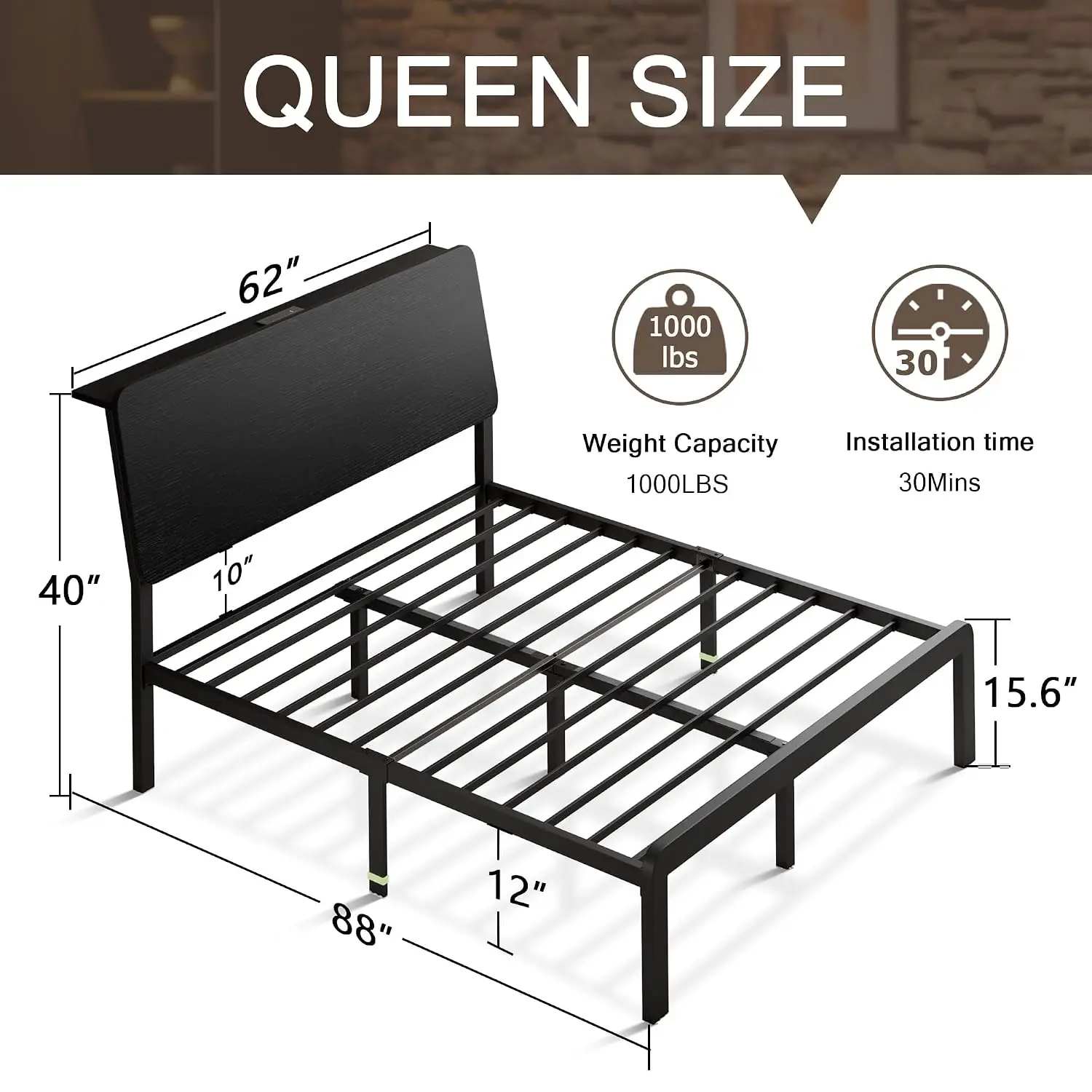 Queen Bed Frame Storage Headboard LED Charging Station 12