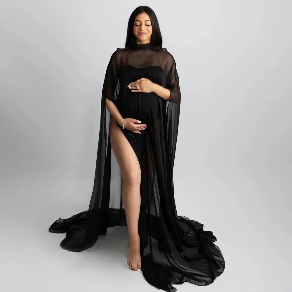 Black Chiffon Cape Maternity Dresses Photoshoot For Elegant Pregnancy Photo Shooting Dress Baby Shower Photography Stylish Maxi