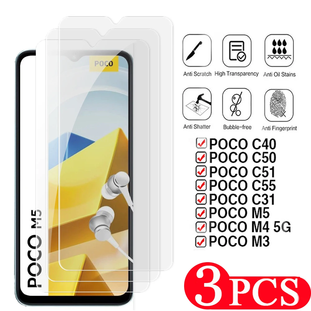 3Pcs For xiaomi Poco M5 C50 C51 C55 Tempered glass protective film For Poco F5 Pro C40 M4 5G M3 C31 screen protector Smartphone