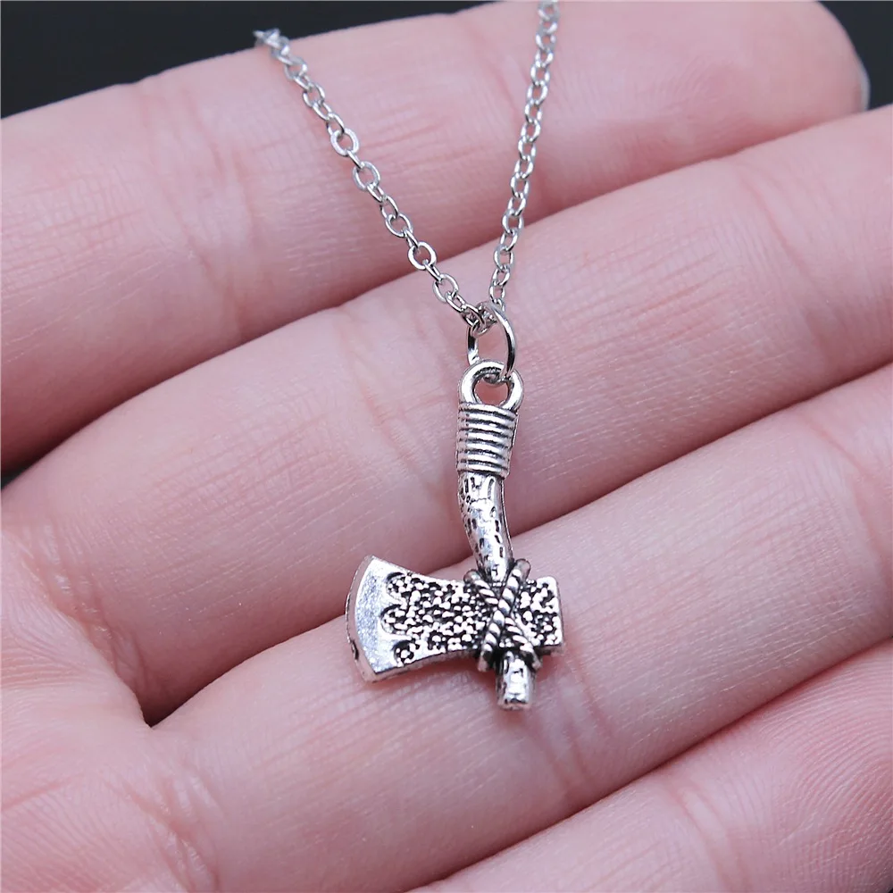 Drop Shipping Antique Silver Color 22x14mm Ax Necklaces Short Chain Choker Necklaces