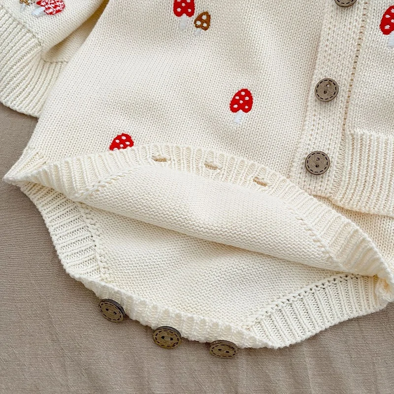 2023 Newborn Baby Girl Knitwear Clothes Mushroom Embroidery Knitted Romper Sweater Cardigan Tops Warm Outfits Spring Fall Suit