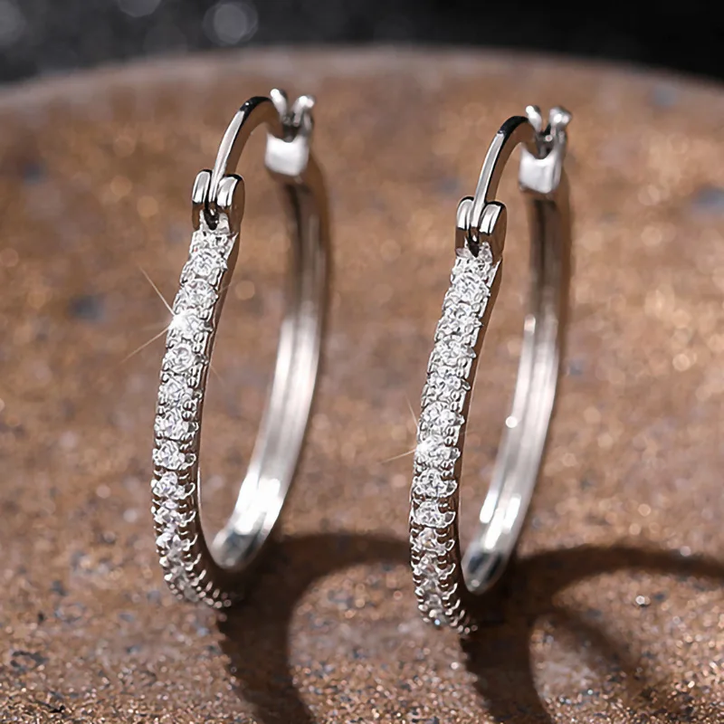 Simple Female Earrings 925 Sterling Silver Large Circle Single Row Zircon Earrings for Women Round Crystal Fashion Jewelry Gift