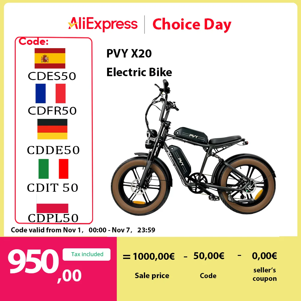 PVY X20 Electric Bike, 1000W Motor, 48V 30Ah Dual-battery, 20*4.0'' Fat Tire, 50km/h Max Speed, 200km Max Range, Hydraulic Disc