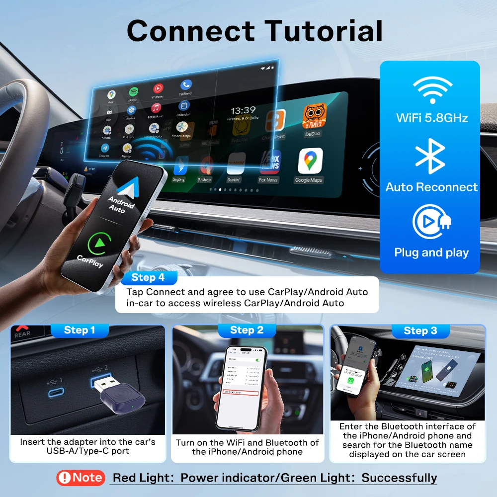 CarlinKit 5.0 Mini Ultra CarPlay Wireless Adapter 2 In 1 Wifi 5.8G Android Auto Wireless Dongle for Spotify Music OEM Car