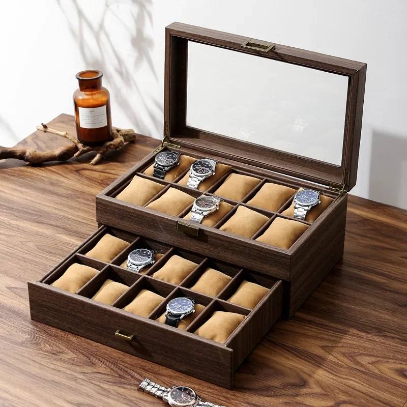 Vintage Double-Layer Watch Box Display Case - Luxurious Jewelry Storage with 20 Slots Glass Top Window for Organization