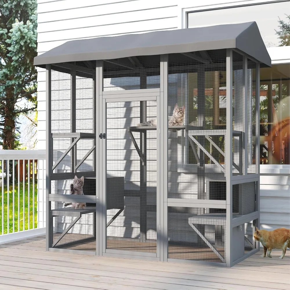 Catio Outdoor Cat Enclosure, Large Cat House for Mulitiple Cats Walk in Cat Cage with Waterproof Cover and Sunshine Panel Roof,