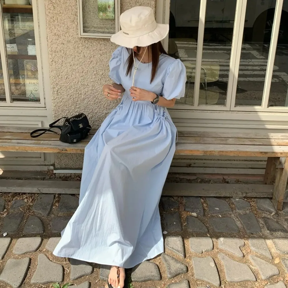 Women\'s Summer Pure Cotton Long Dress Big Pocket Puff Sleeve High Waist Large Hem Maxi Flattering Sundress Female