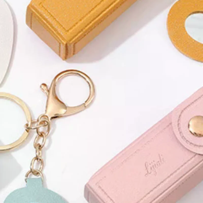[1pc] Solid Color Portable Lipstick Bags Wallet Keychain Mini Storage Bag Women Lipsticks Protective Cover Mini Makeup Mirror