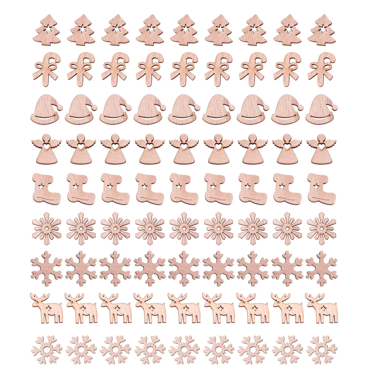 

100Pcs Wooden Christmas Ornaments Multipurpose Laser Carved Wood Chips Snowflake Elk Tree Gift Box Angel DIY Crafts Decoration