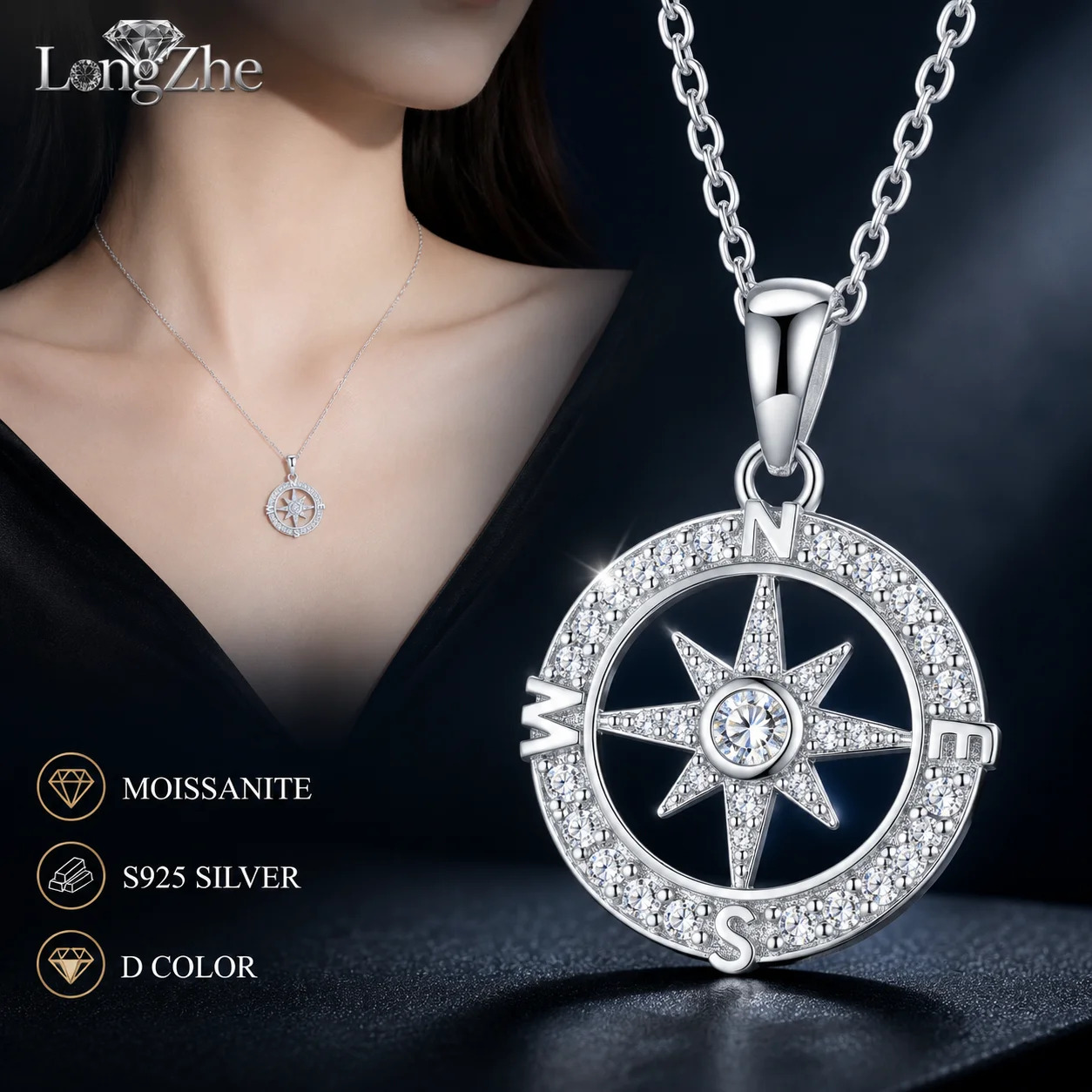 LongZhe Moissanite Pendant Necklace S925 Sterling Silver Compass Star Round Necklace 45cm Chain Daily Jewelry Gift for Women