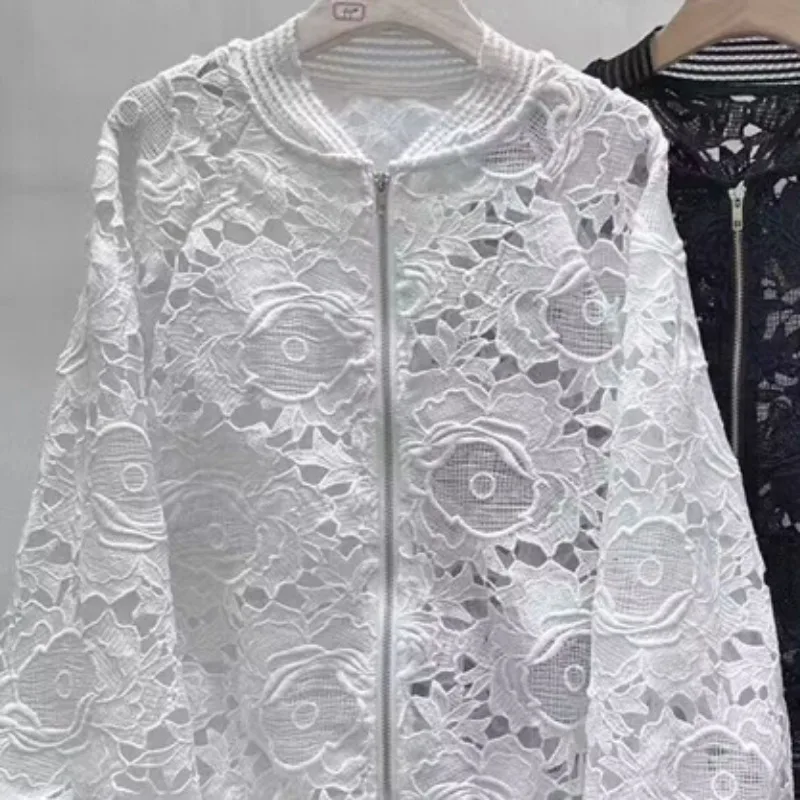 Neploe Heavy Lace Hollow Out Embroidery Blouses 2024 New Stand Collar Baseball Jackets Y2k Long Sleeve Zipper Coat Women