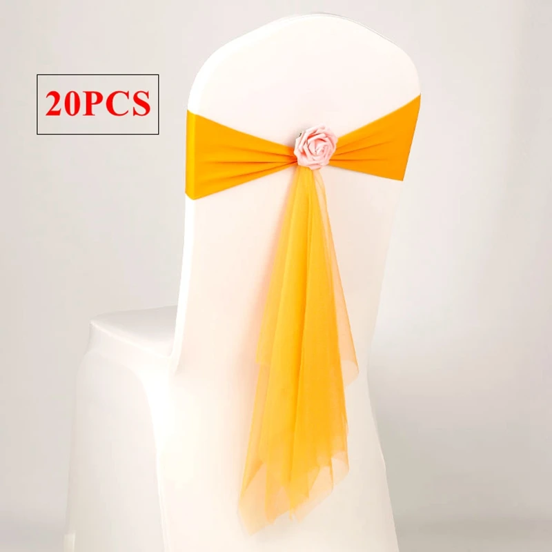 

Nice Looking Lycra Chair Band With Organza Sash Ball Flower For Wedding Chair Cover Event Party Hotel Decoration