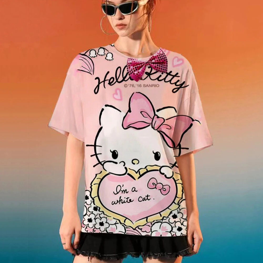 Sanrio Hello Kitty Kuromi Cinnamoroll Cute Anime Patterns Fun Printing Man Women's Cotton T-shirt Tops Harajuku Y2K Short Sleeve