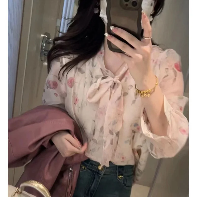 Spring Autumn Rose Fashion Harajuku Slim Fit Tops Women Casual All Match Lady Blouse Printed Long Sleeve Shirts Bowknot Blusa