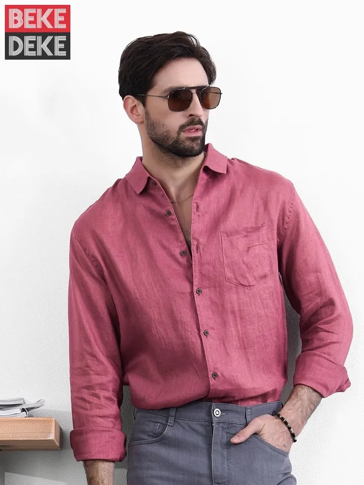 

Spring Summer Long Sleeve Linen Shirt Men Clothing Solid Color Business Casual Office Men Shirts Fashion Single Breasted Tops