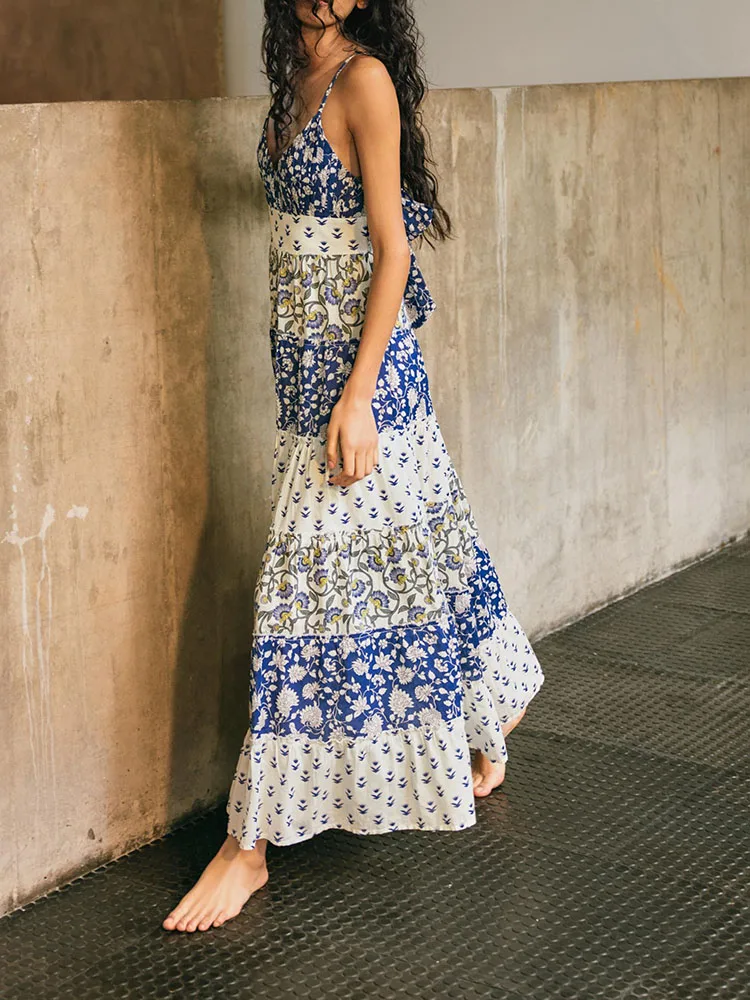 

Summer New Arrival Women's Dr Strapl Svel Patchwork Print Layered Contrast Stitching Gown Ethnic Stage Costume