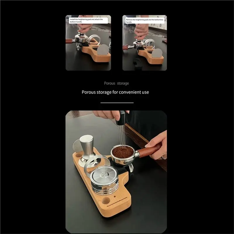 DT19-Wooden For 51/53/58Mm Portafilter Coffee Tamping Organizer With Tamper Station Holder Rack Non-Slip Mat Base B