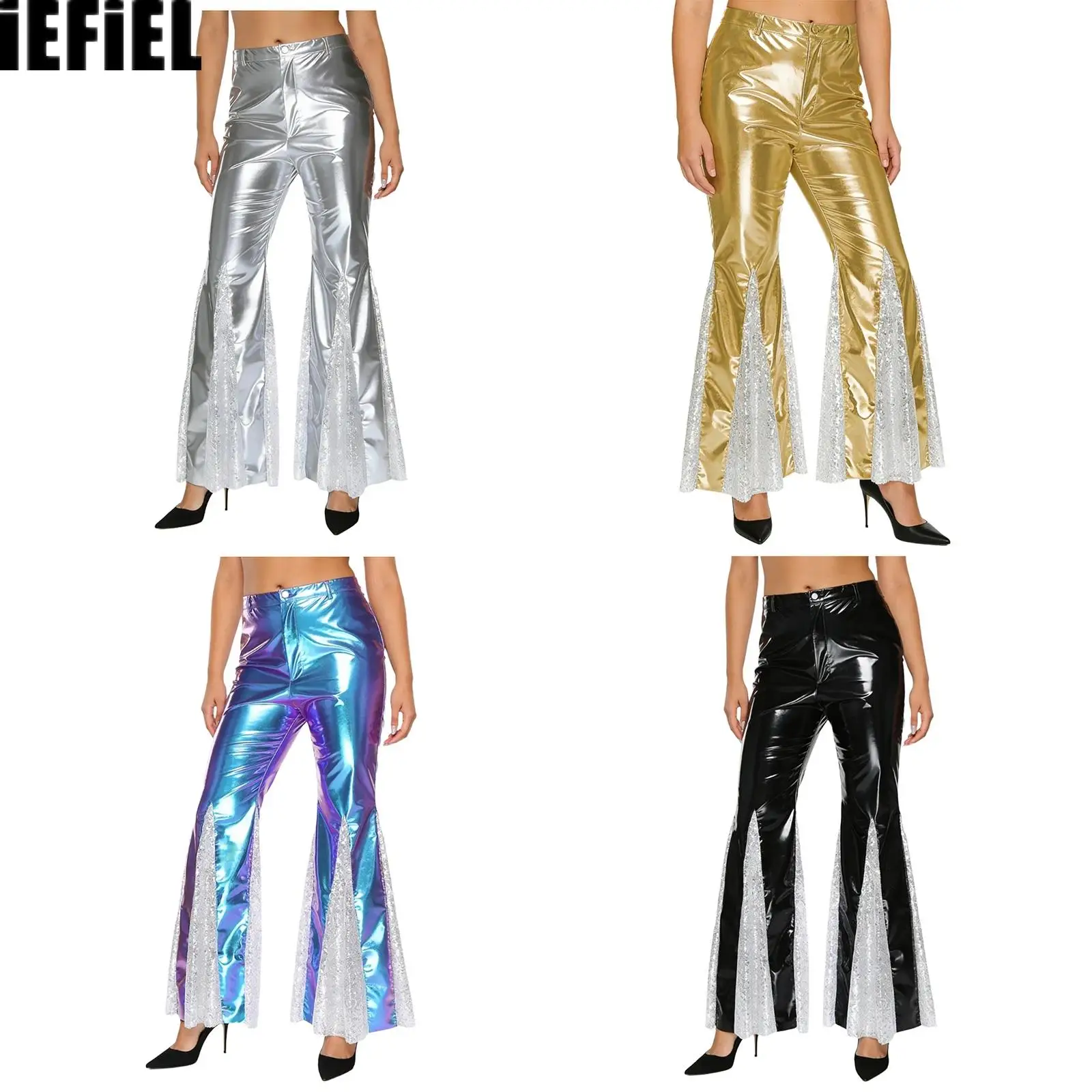 

Womens Shiny Metallic Dance Pants Hippie Vintage Costume Dance Party Nightclub Sequins Bell Bottoms Performance Flared Pants