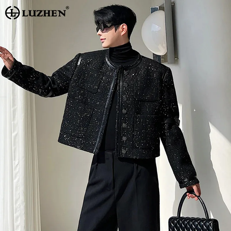 LUZHEN Fashion Korean Casual Short Jackets Men's Leather Outline Splicing Design Trendy Sequin Outerwear Coat Spring New LZ6856