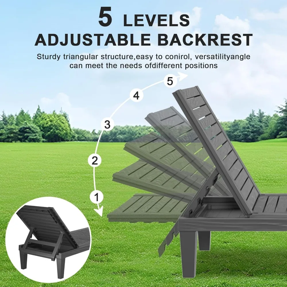 UV-Resistant Waterproof Resin Chaise Lounge Chairs with 5-Position Adjustable Backrest for Outdoor Garden, Pool, Beach, and Pati