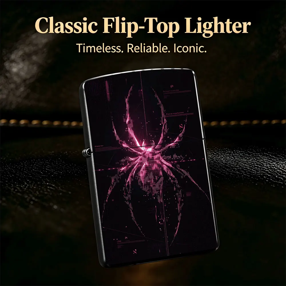 Pocket Lighter, Flip-Top Windproof Design, Metal Case with Spider Print, Dark Background, Red Accent, Ergonomic Grip, Portable Fire Starter for Everyday Carry