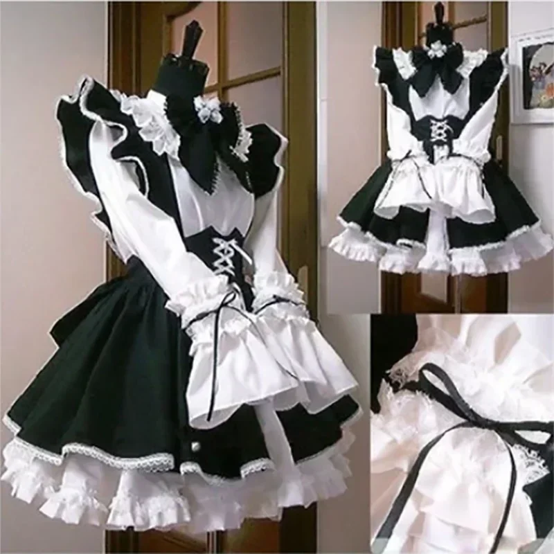 

Lolita Cosplay Women Maid Outfit Cute Sexy Erotic Kawaii Cafe Costume Black White Men Uniform Apron Dress Cute Bowknot Mucama