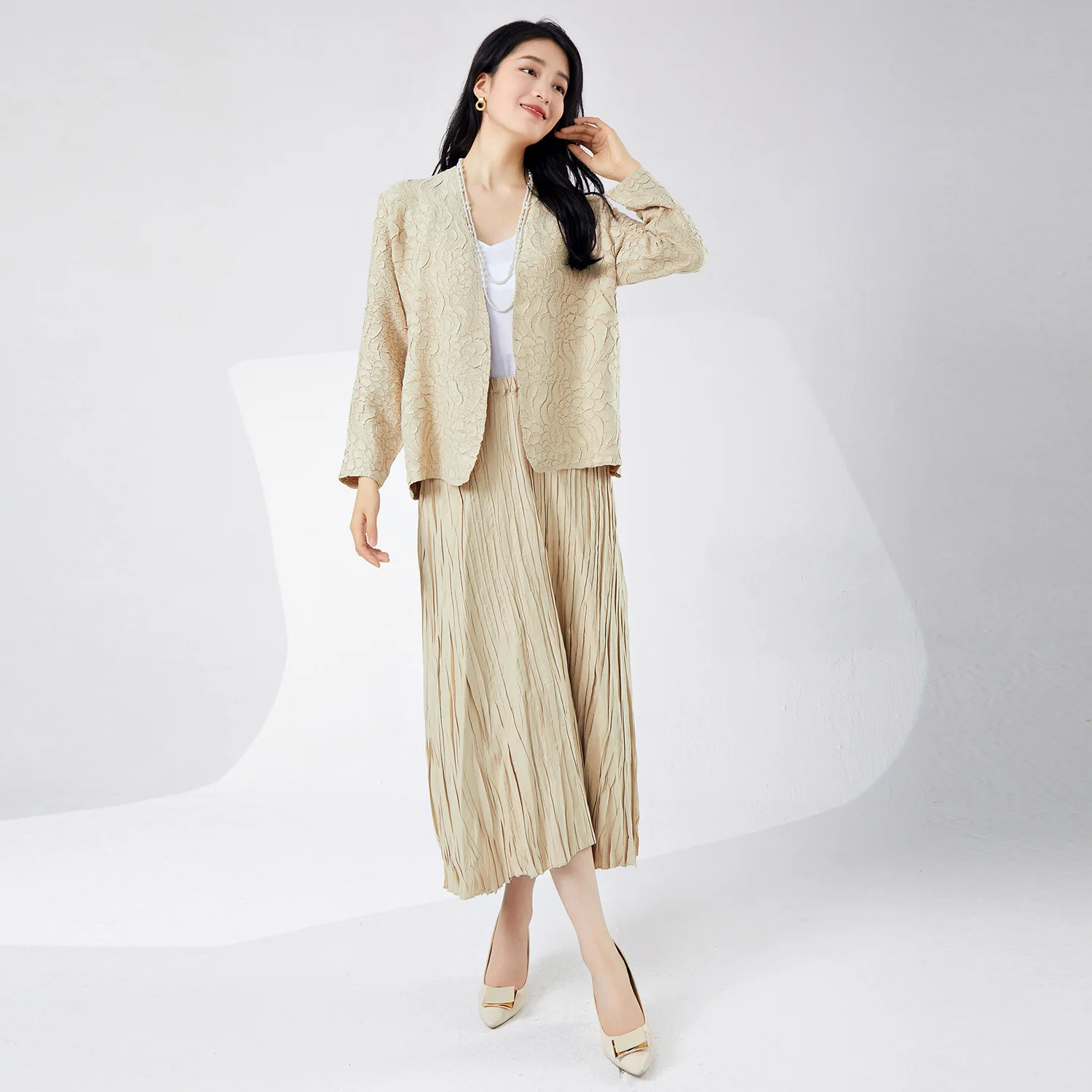 Setelan wanita lipit musim panas atasan kardigan desain ukuran besar elastis dan rok set dua potong