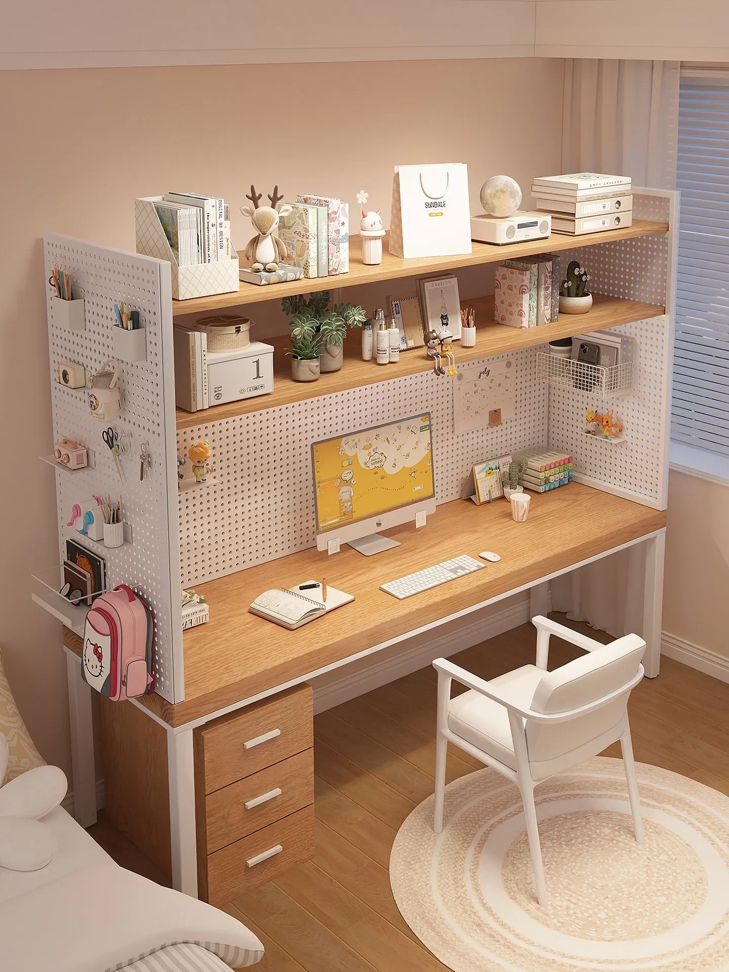 Hole board Solid wood desk Bookshelf Integrated bedroom against the wall Computer table Children's study table Long workbench Wo
