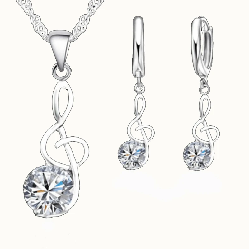 S925 Sterling Silver Note Crystal Zircon Pendant Necklace Earrings Jewelry Sets for Women Wedding Party Jewelry Gift Accessory