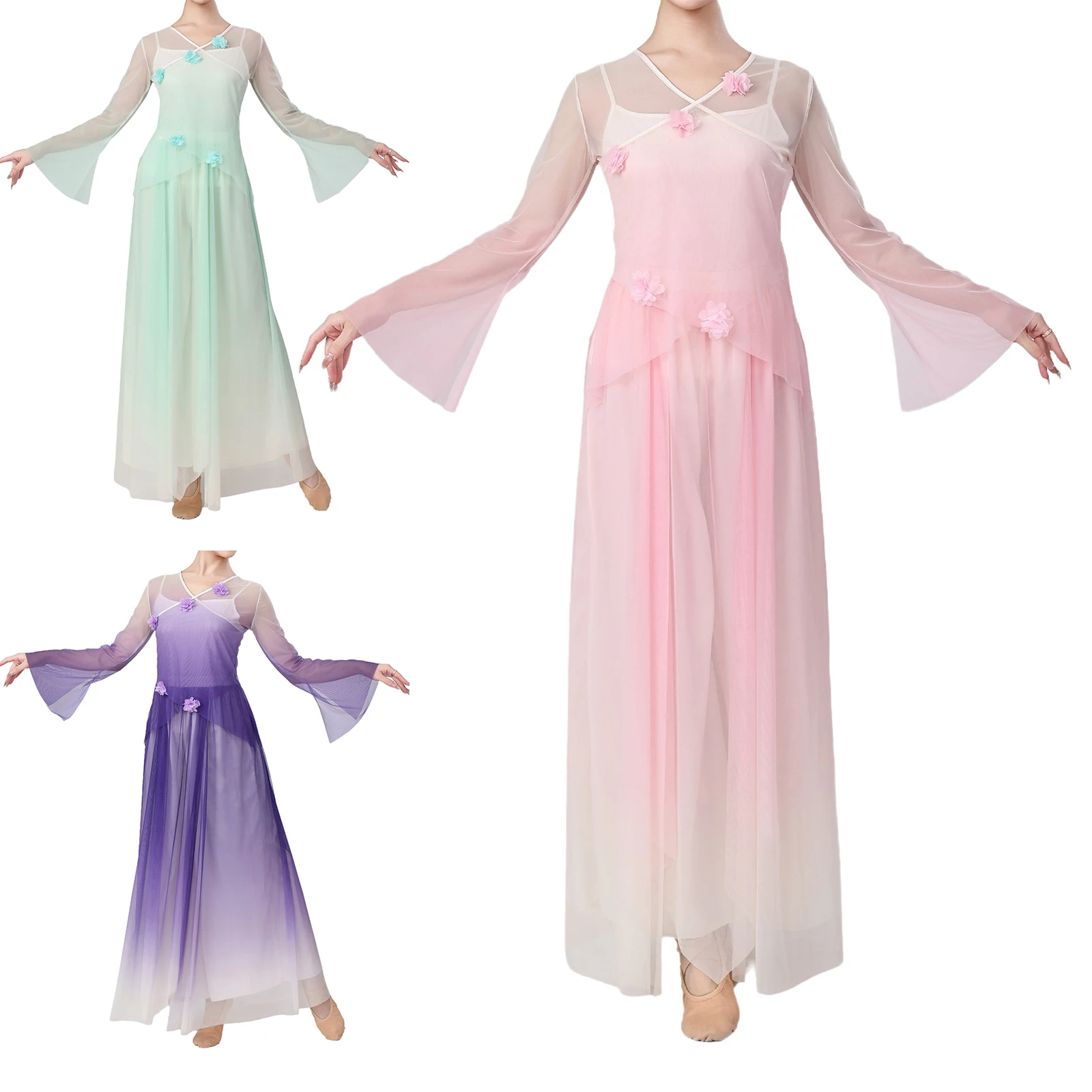 

Womens Oriental Dance Gradient Color Mesh Outfits Flower Applique Top with Camisole Loose Culottes Classical Dance Costume