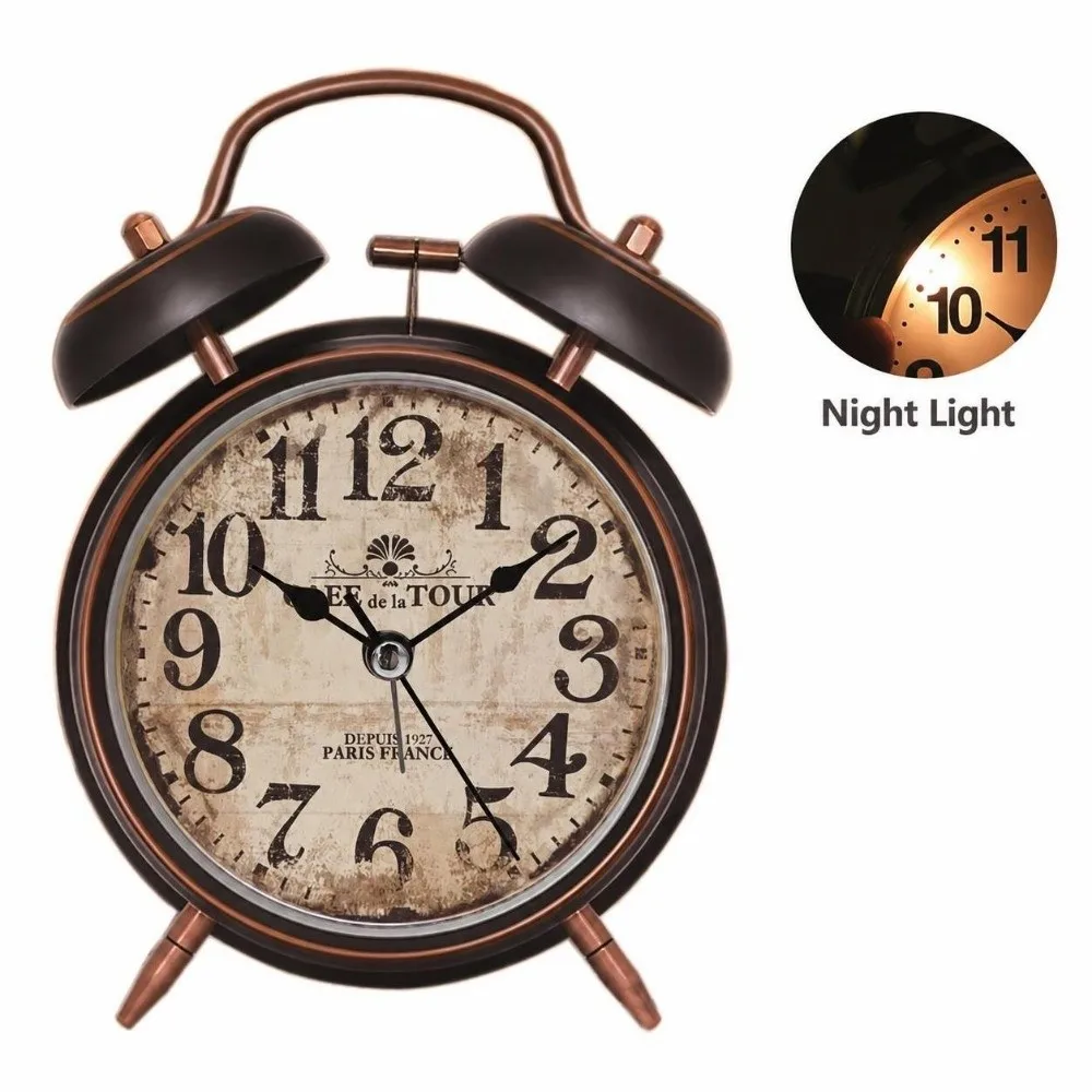 4 Inch Retro Alarm Clock Black&Gold with Night Light Desktop Clock Easy Operate Silent Movement Ringing Alarm Clock Office Desk
