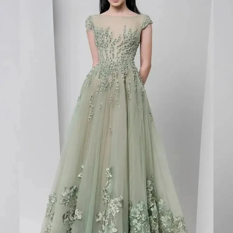 

FATAPAESE Evening Dresses 2025 Sheer Boat Neck Applique Beads Cap Sleeves Prom Gowns Floor Length Tulle Formal Party Dress Gowns