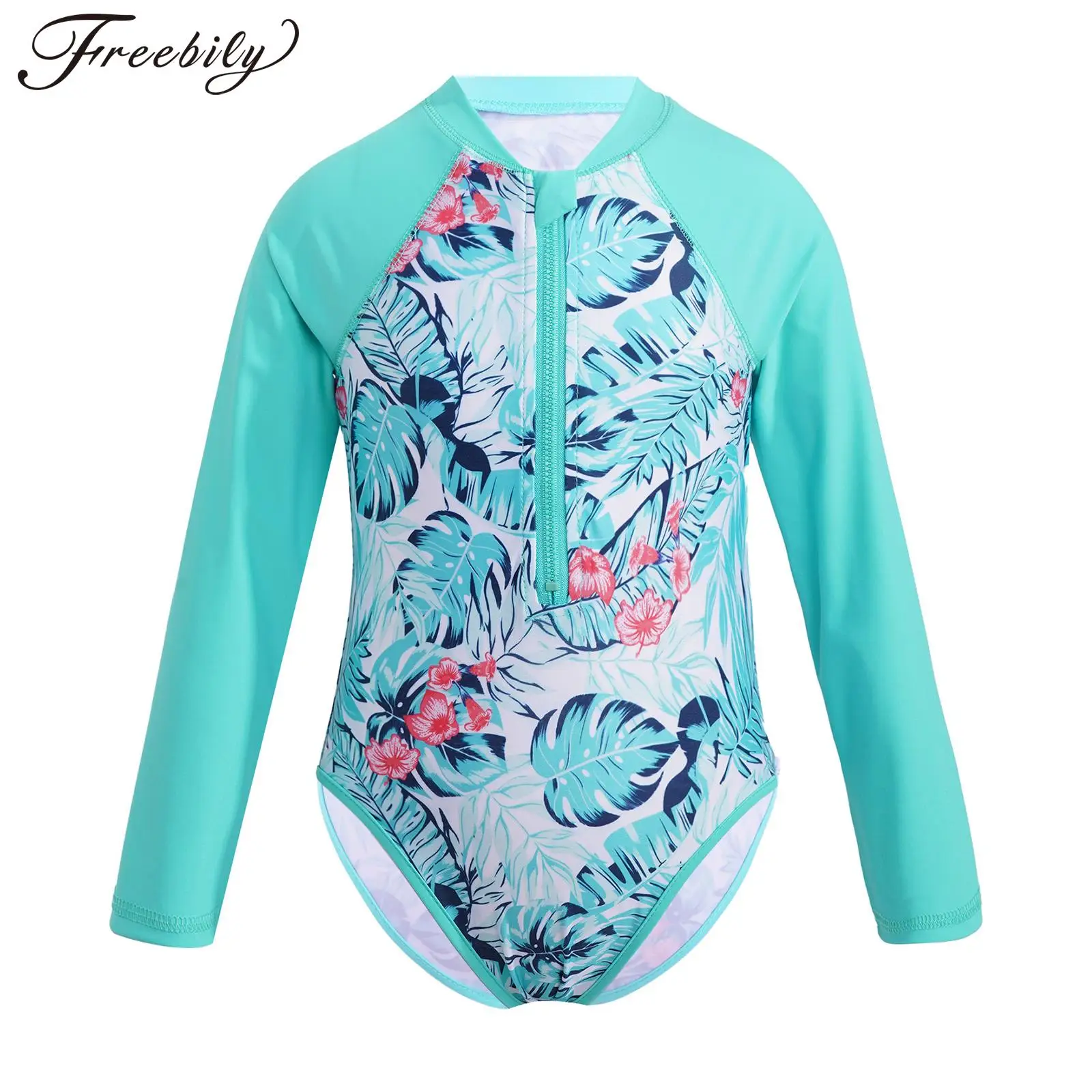 

Kids Girls One-piece Swimwear Palm Printed Long Sleeves Rash Guard Swimsuit Zippered Bathing Suit Beachwear UPF 50+