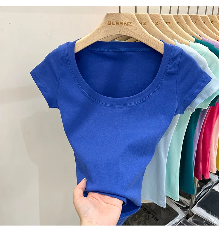 2026 Sexy Quadratischer Ausschnitt Slim T-Shirt Damen Baumwolle Elastisch Basic Einfarbig Lässige Oberteile Kurzarm Dünne T-Shirts Transparent – Detail 22