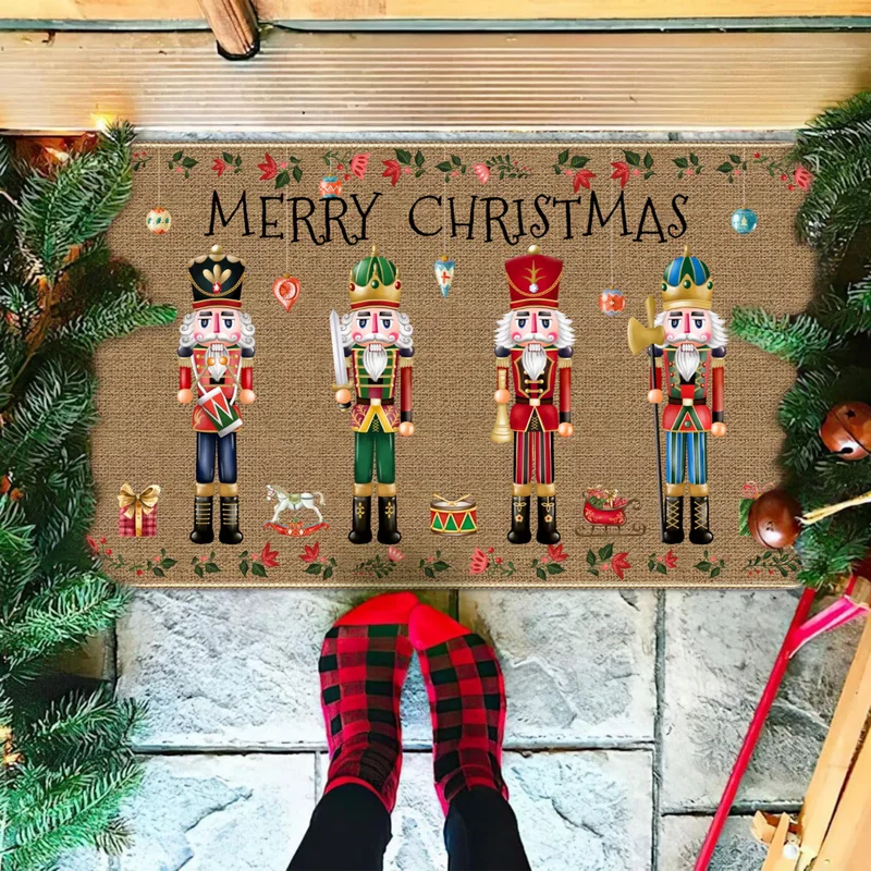 VIKAMA Vintage Nutcracker Christmas Door Mat Festive Soldier Print Rug Anti Slip For Entryway Indoor Outdoor Xmas Holiday Decor