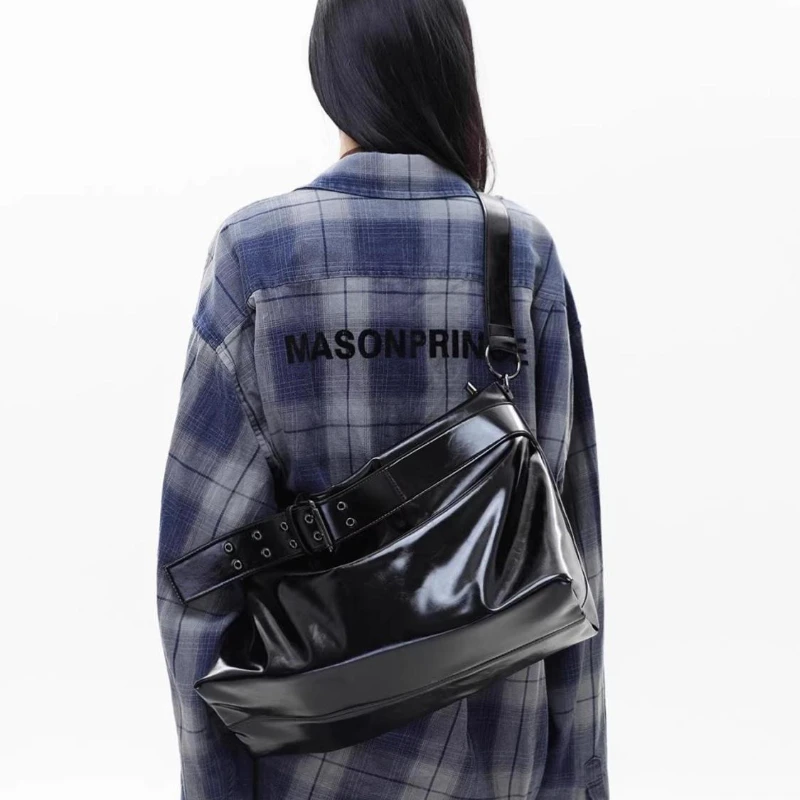 Black Double Hole Belt Tote Bag Trendy Babes Wide Shoulder Strap Large Capacity Messenger Bag High Quality High Appearance Level