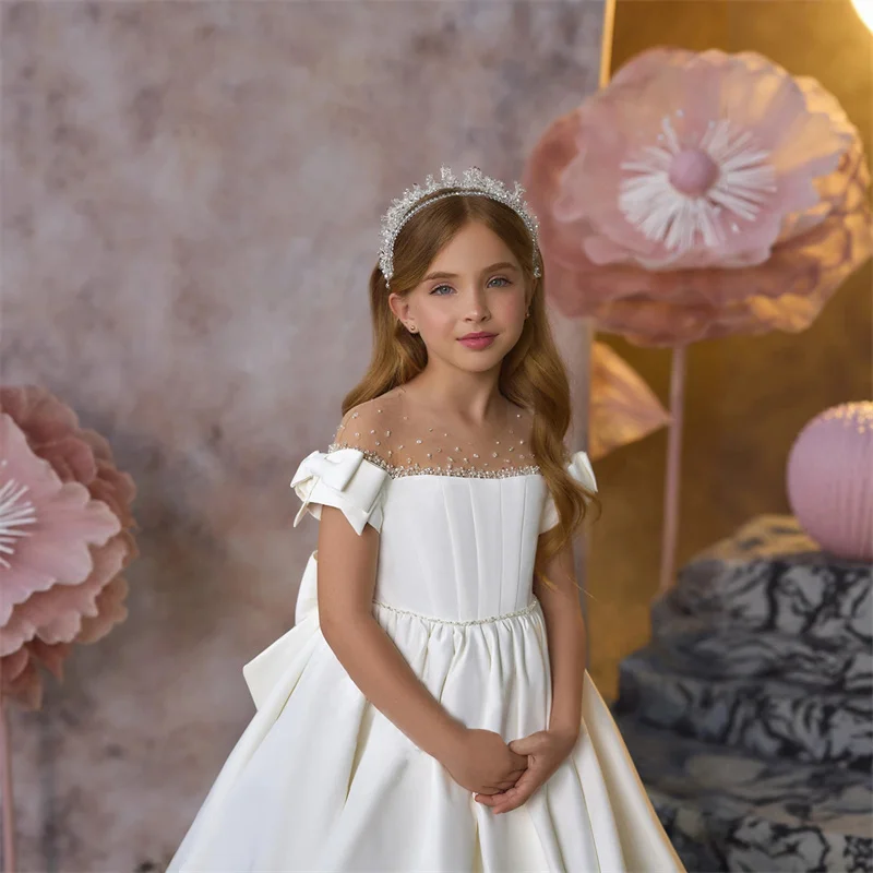 Baby Kids Princess Satin Beading Bow Flower Girl Dress Children First Communion Dress Ball Gown Wedding Party Dress Birthday - view 3