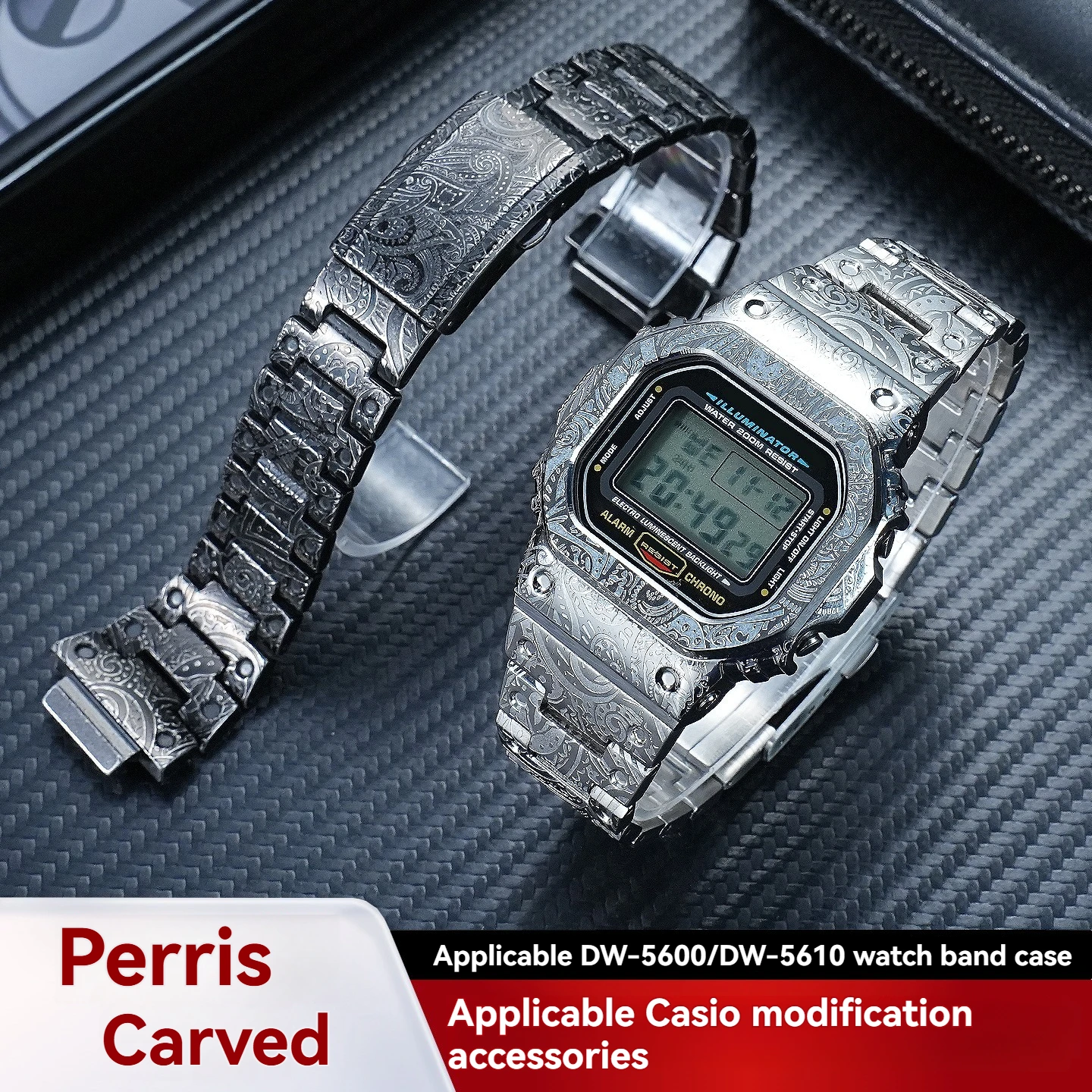 For Casio DW5600 GWM5610 GW-B5600 Vintage Engraved Stainless Steel Case and Band Set Fashionable Trendy Watch Accessories