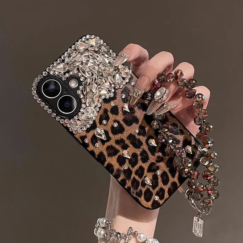 

Fashion Leopard Print Rhinestone Phone Case with Crystal Bracelet Suitable foriPhone 16 Pro Max