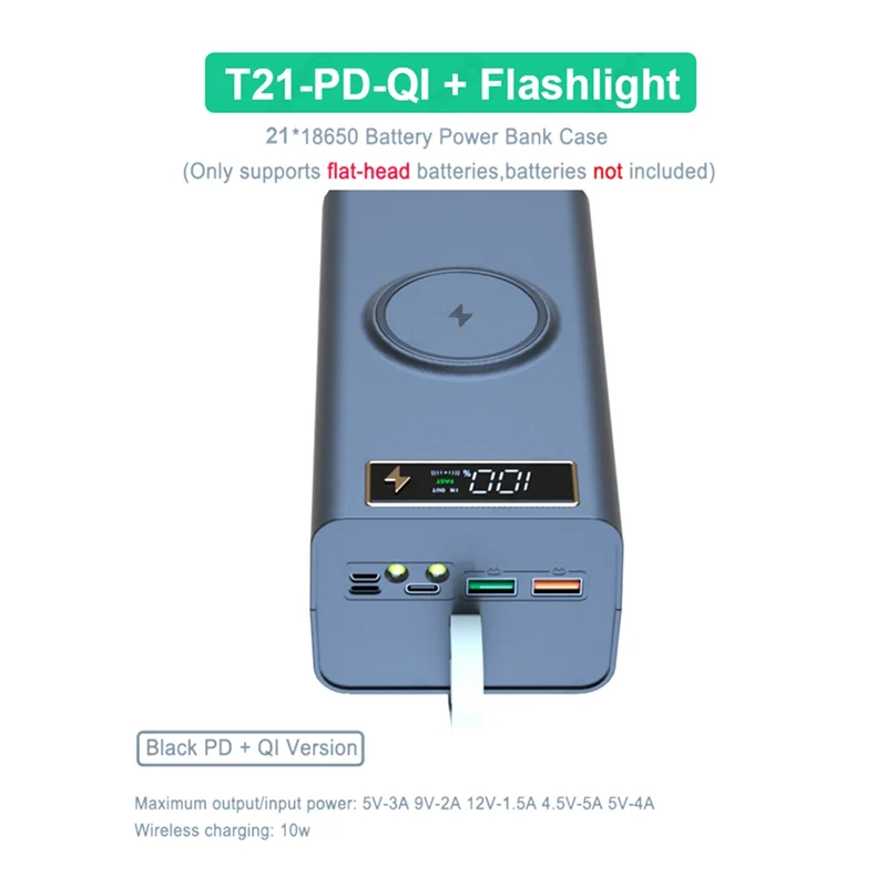 ワイヤレス充電ケース,バッテリーシェル,LEDライト,急速充電,15W,21x18650,15W