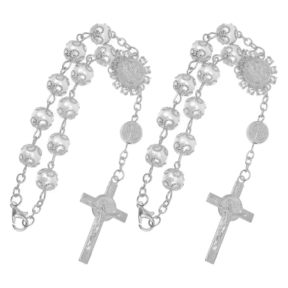 

2Pcs Car Hanging Cross Ornament with Gold Silver Trim Glass Imitation Pearl Rearview Mirror Decoration Religious Protection